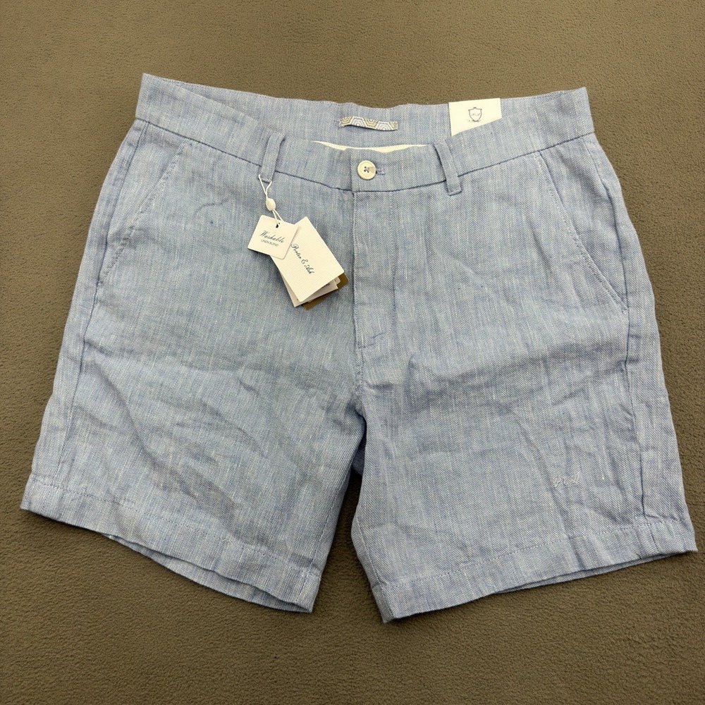 Porter & Ash Luxury Collection Linen Blend Shorts 7" Mens 34 Light Blue Beach